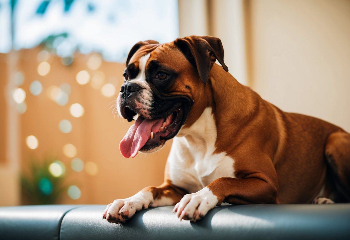 A boxer dog panting heavily, tongue lolling, in a hot and humid environment