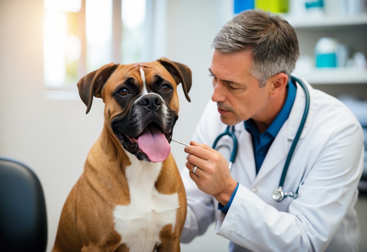 A boxer dog sits with its tongue hanging out, panting heavily, while a veterinarian examines its short, pushed-in nose