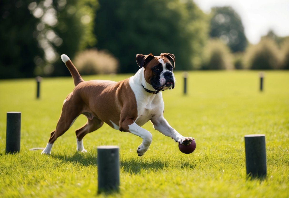 A boxer dog running in a grassy field, playing with a ball and jumping over obstacles