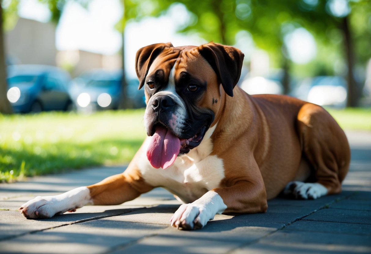 A boxer dog pants heavily, tongue lolling, as it rests in a shady spot
