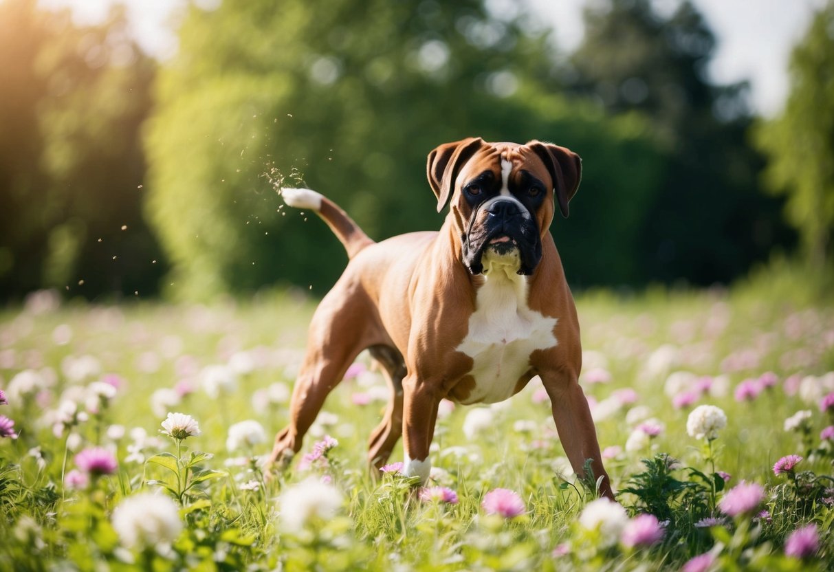 A boxer dog plays in a field of blooming flowers, sneezing and scratching its fur