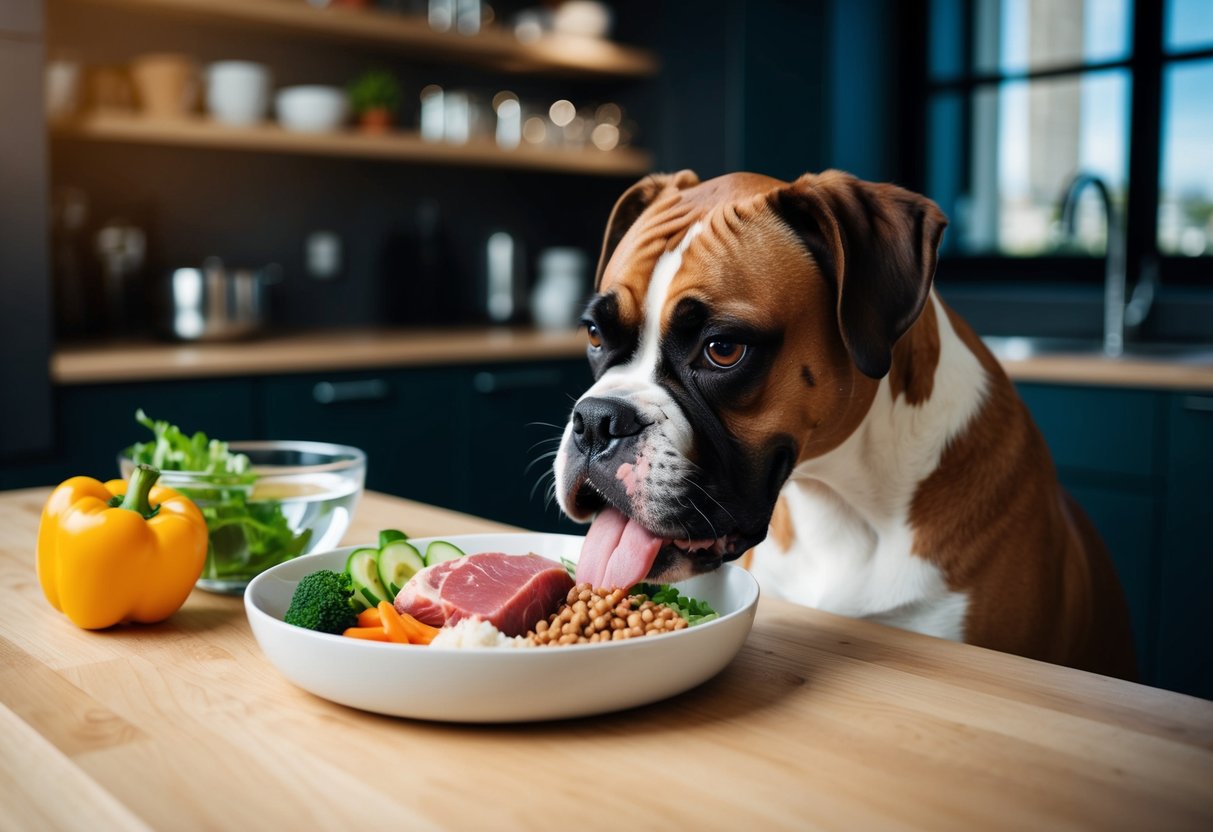 A boxer dog eating a balanced meal of fresh meat, vegetables, and grains, with a bowl of clean water nearby