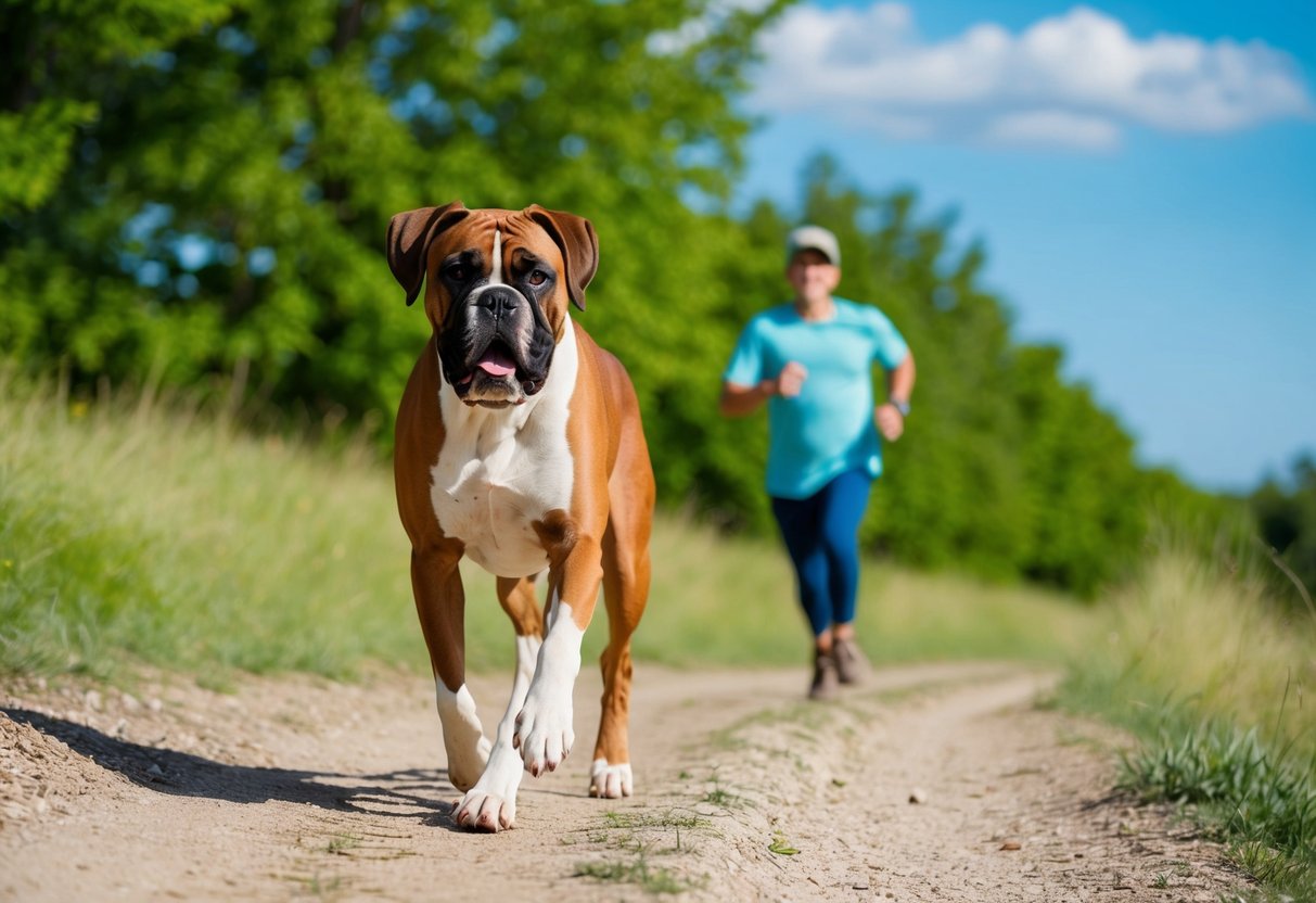 A boxer dog running alongside its owner on a trail, with a bright blue sky and lush green trees in the background