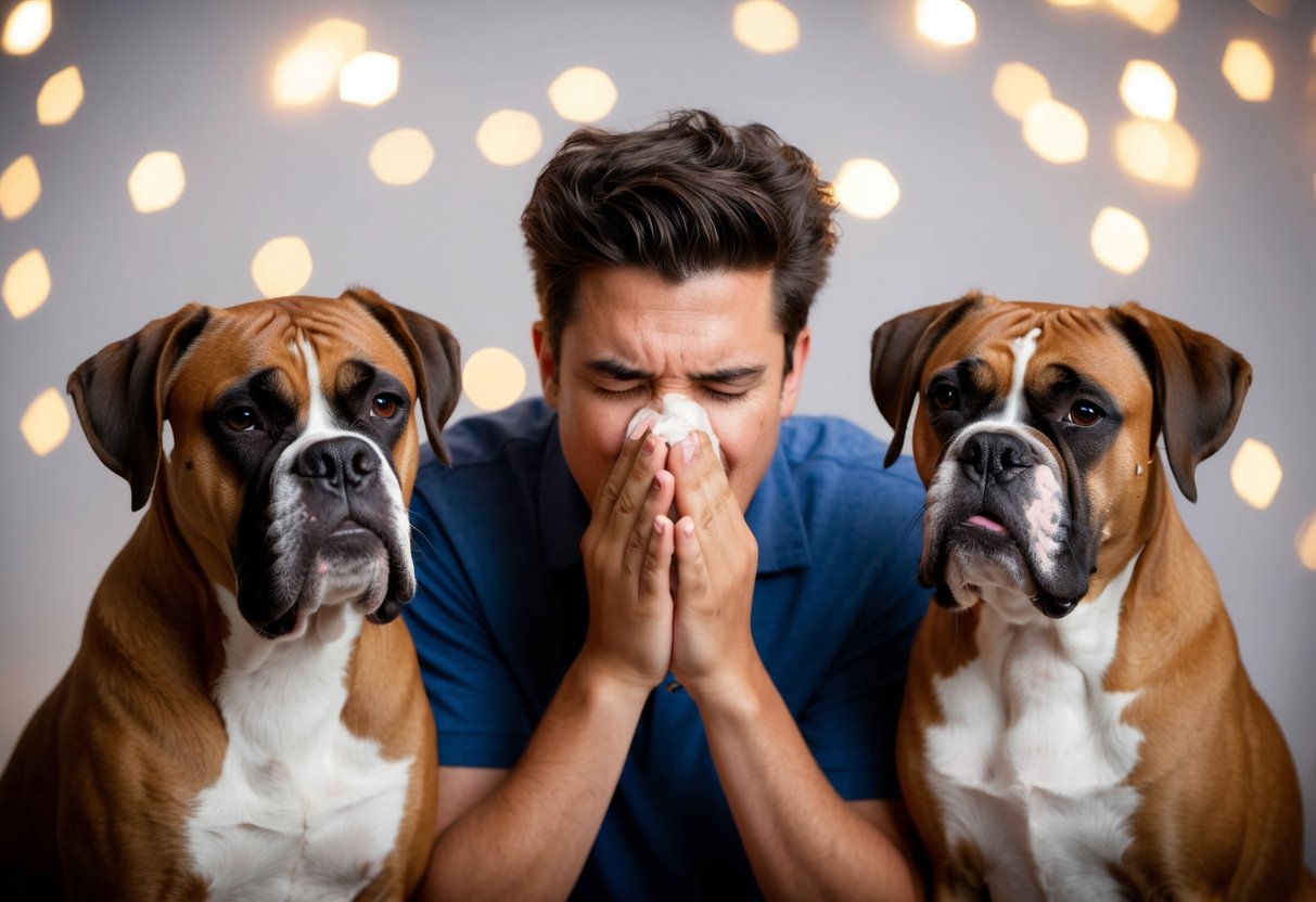 A sneezing person surrounded by boxer dogs