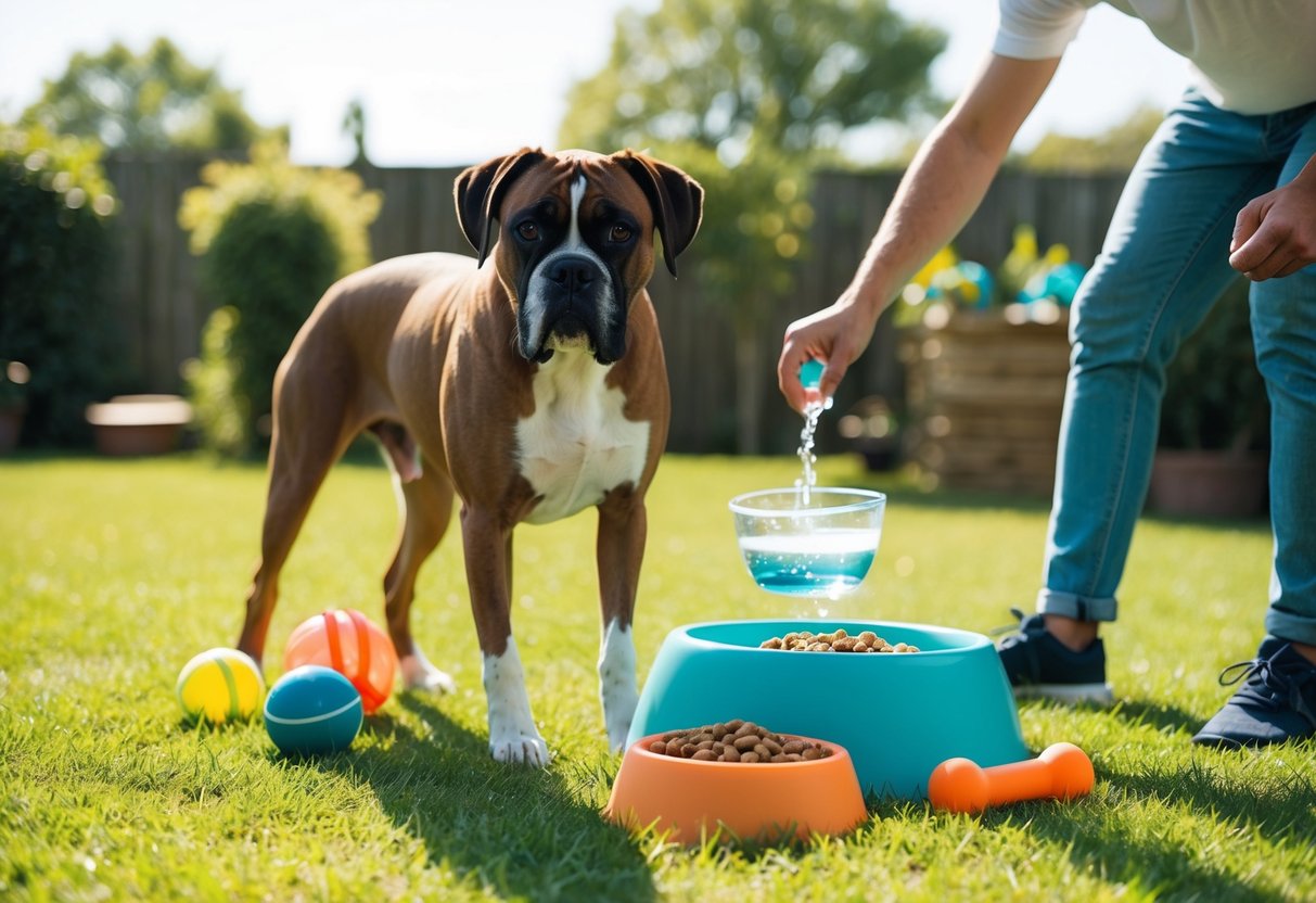 A boxer dog stands in a sunny backyard, surrounded by toys and a water bowl. A person fills a food bowl with healthy kibble. The dog eagerly awaits a walk with its owner