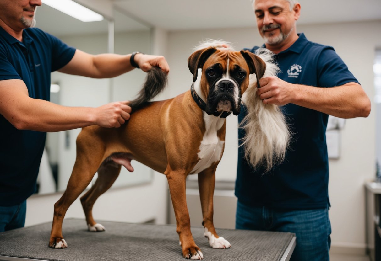 A boxer dog sheds its fur while being groomed by its owner