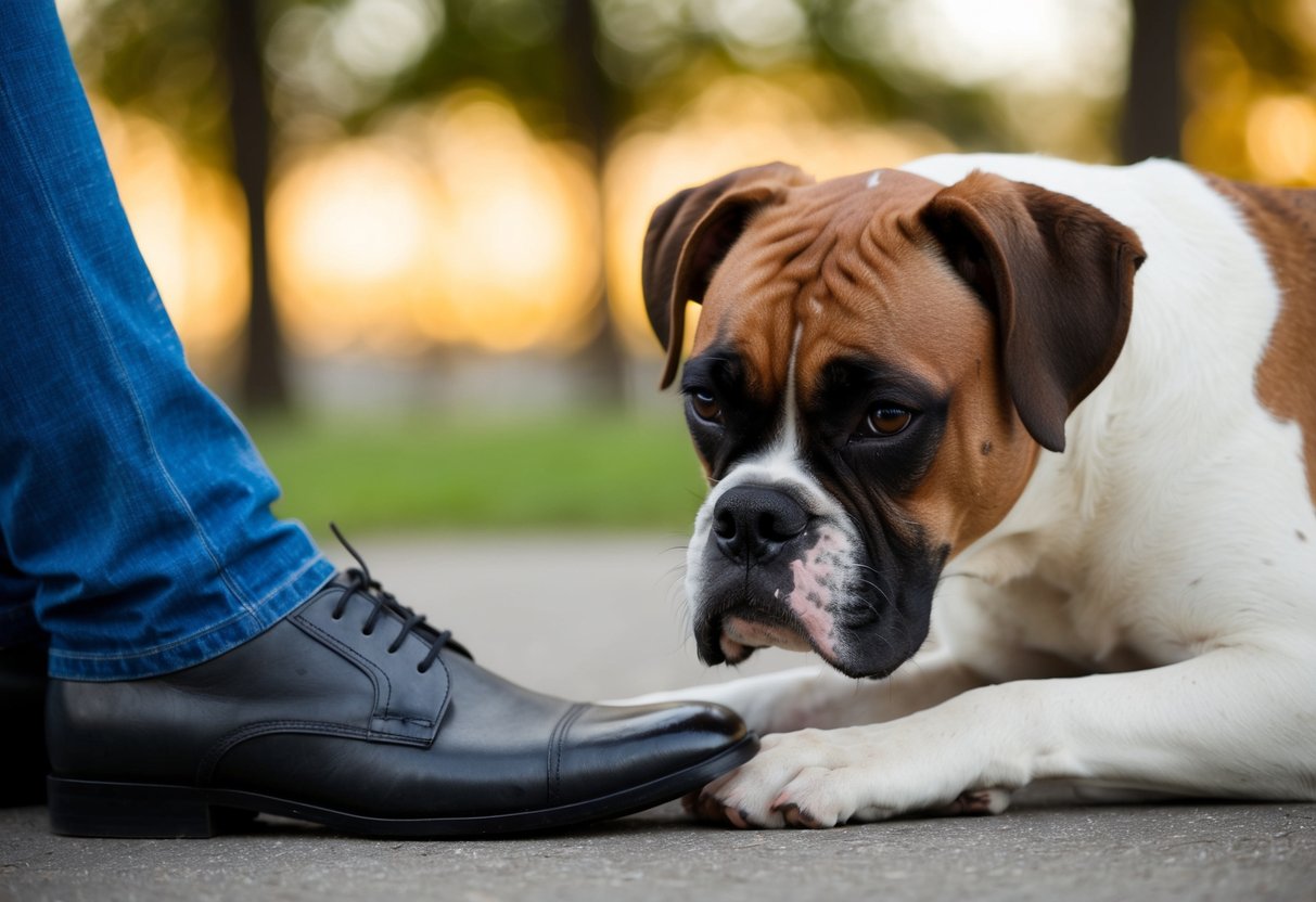 A boxer dog leans against its owner's leg, seeking physical contact and comfort