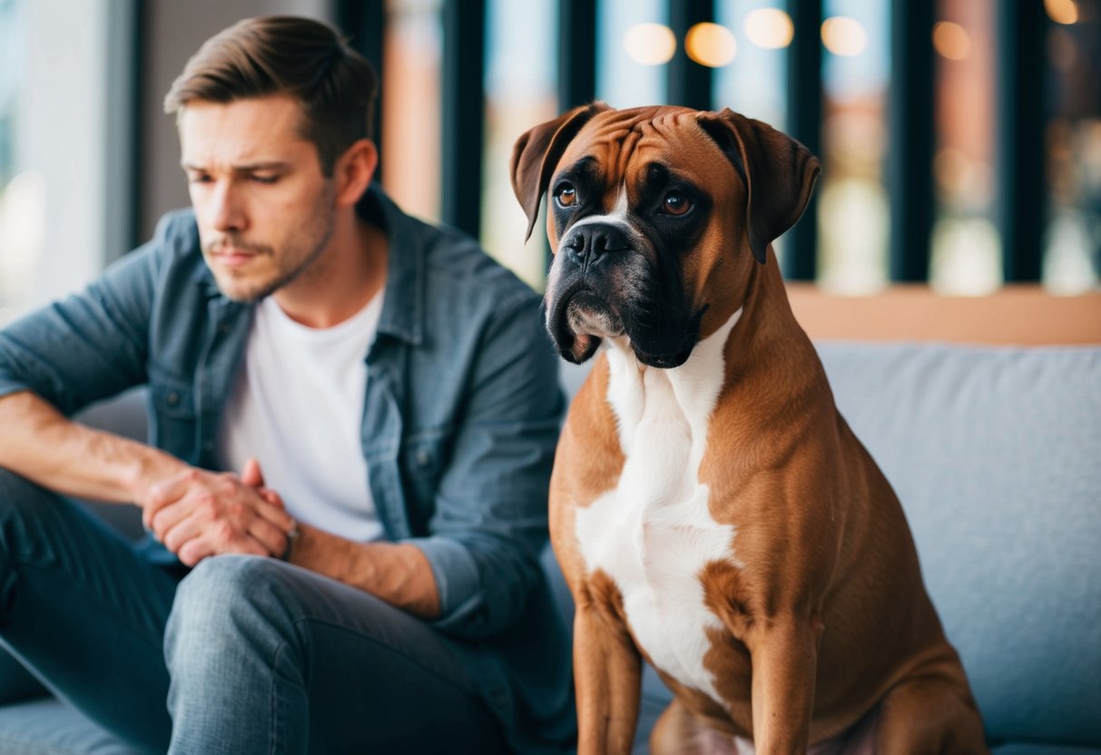 A boxer dog sitting next to a person with no signs of allergic reaction