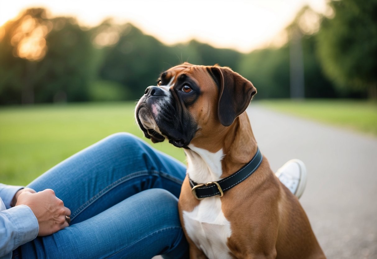 A boxer dog leaning against its owner's leg, looking up with a loving gaze