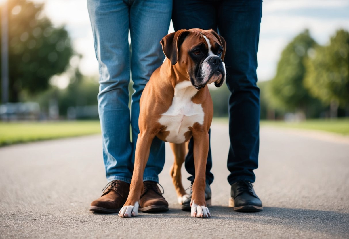 A boxer dog leans against its owner's leg, seeking comfort and closeness