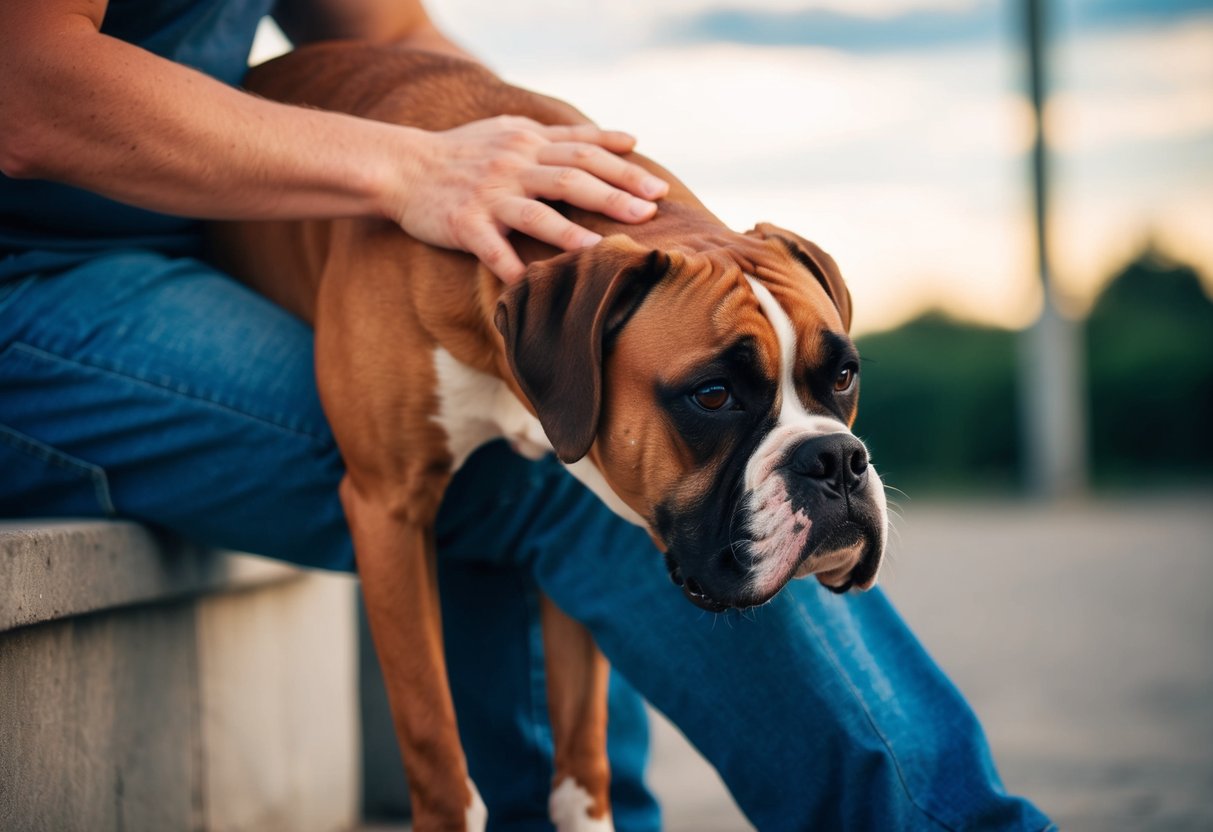 A boxer dog leans against its owner's leg, seeking constant physical contact