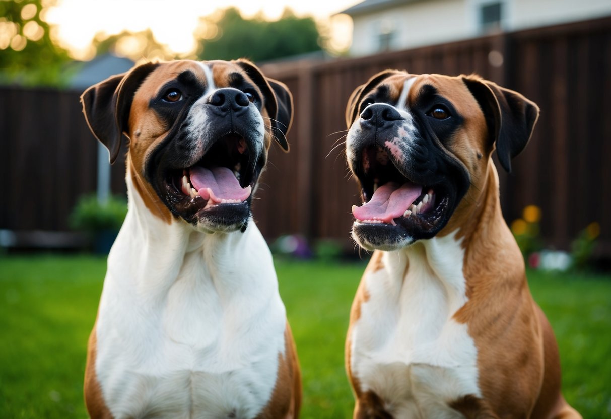 Two boxers barking loudly in a backyard