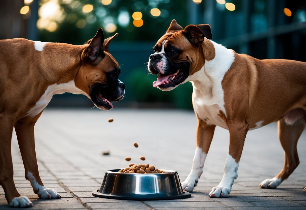 A boxer growls, ears flattened, teeth bared, and body tense, as another dog approaches its food bowl
