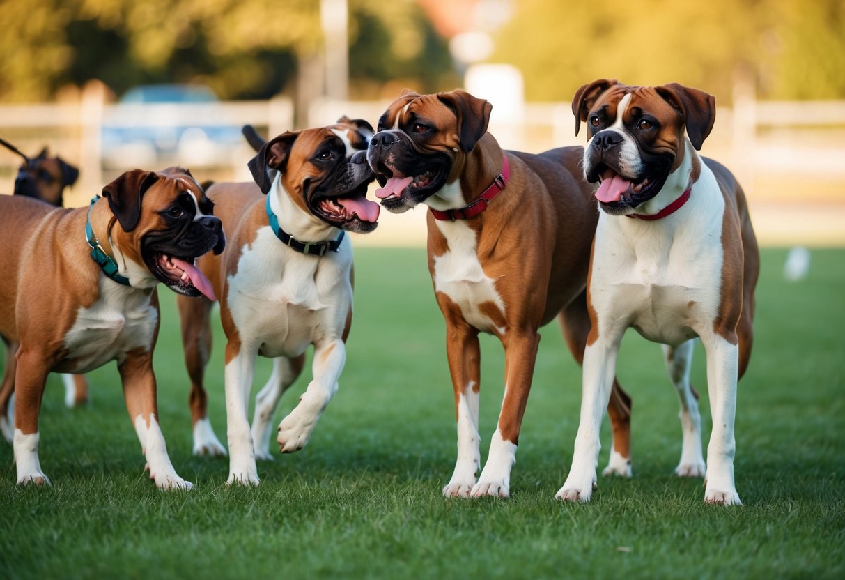 Two boxers playfully interact with other dogs at a training and socialization class, barking and wagging their tails