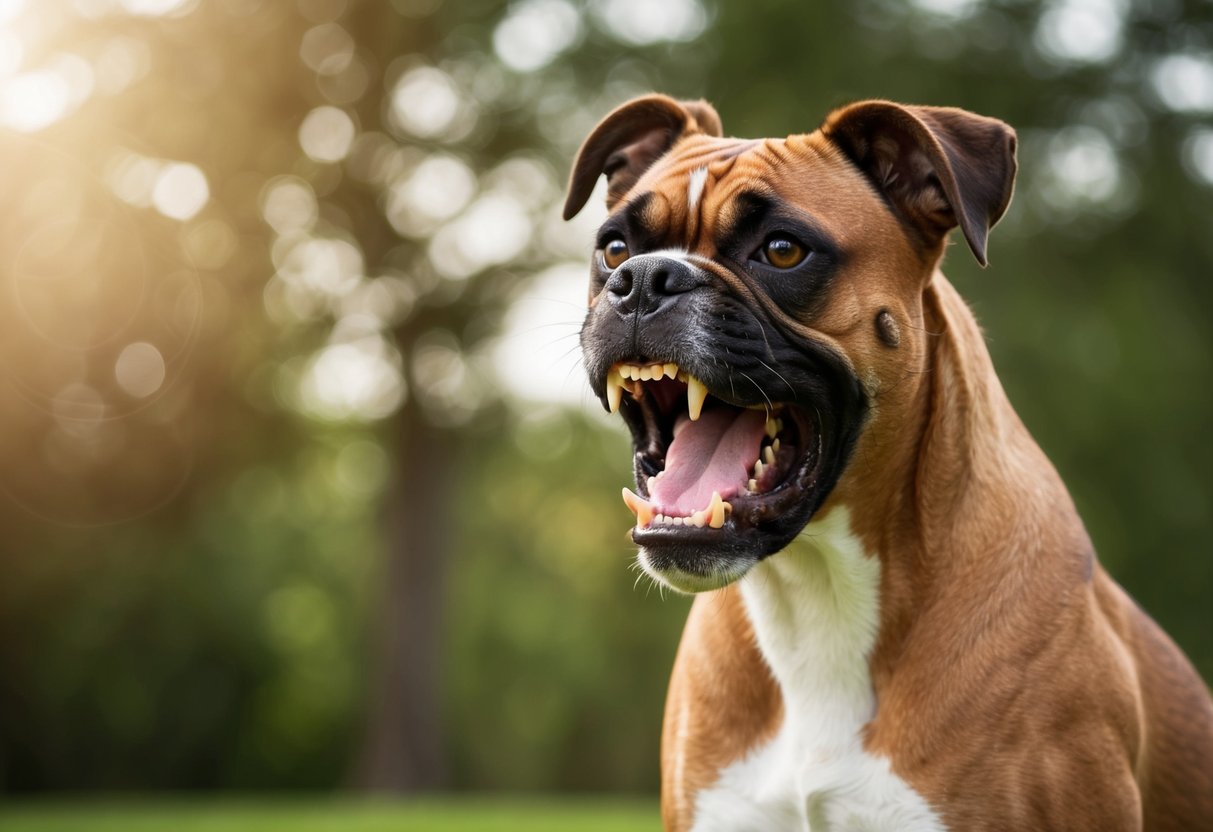 A snarling boxer stands with raised hackles, baring teeth and growling at an unseen threat