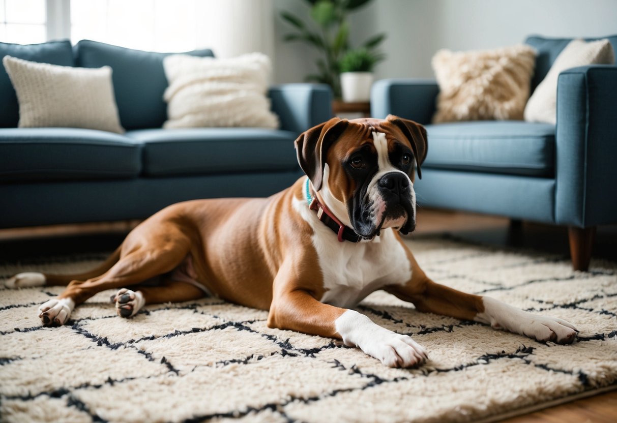 A boxer lounges on a cozy living room rug, wagging its tail and gazing affectionately at its family