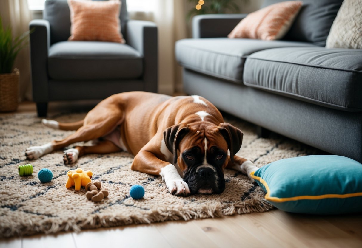 A boxer lounges on a cozy living room rug, wagging its tail. Toys and treats are scattered nearby, while a chewed-up pillow sits in the corner