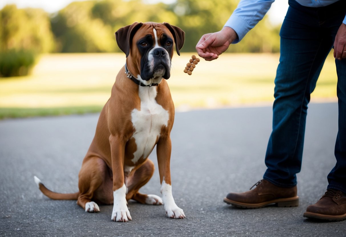 A boxer dog sits calmly with four paws on the ground, while a person holds a treat in their hand, ready to reward the dog for good behavior