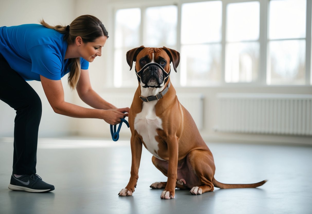 A boxer dog wearing a muzzle while being trained with positive reinforcement techniques by a professional dog trainer in a spacious, well-lit room