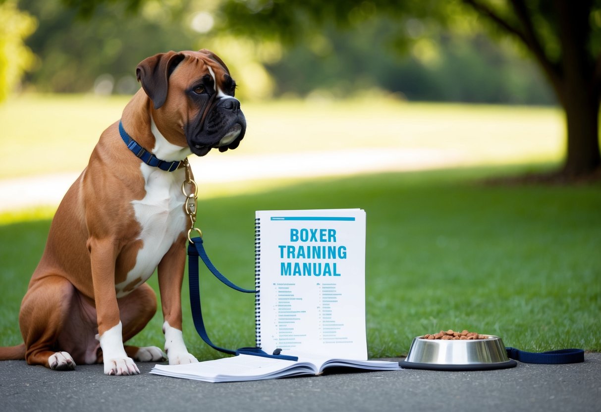 A boxer dog sitting obediently beside a training manual, with a bowl of food and a leash nearby