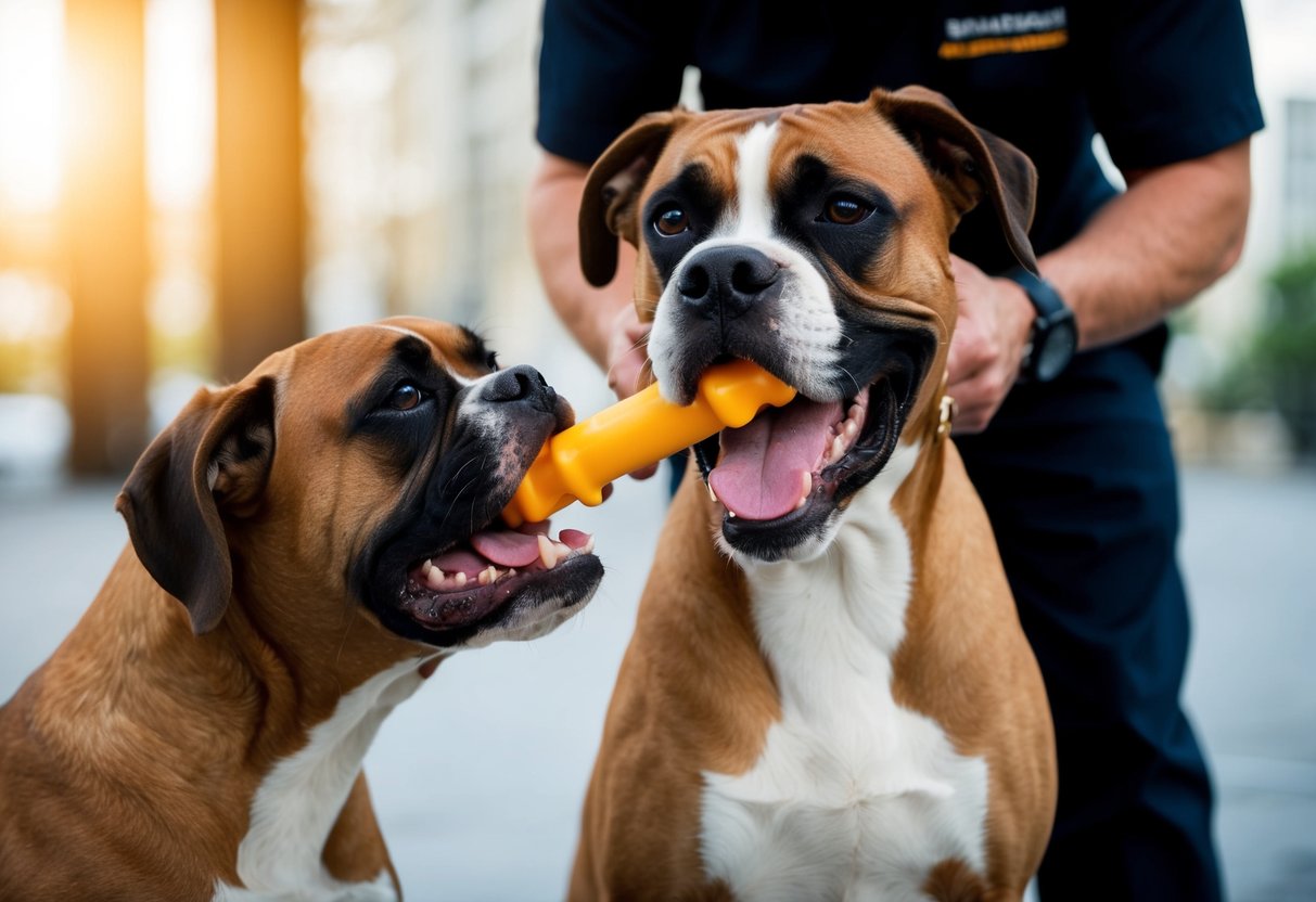 A boxer dog biting a chew toy while a trainer uses a firm but gentle command to stop the behavior