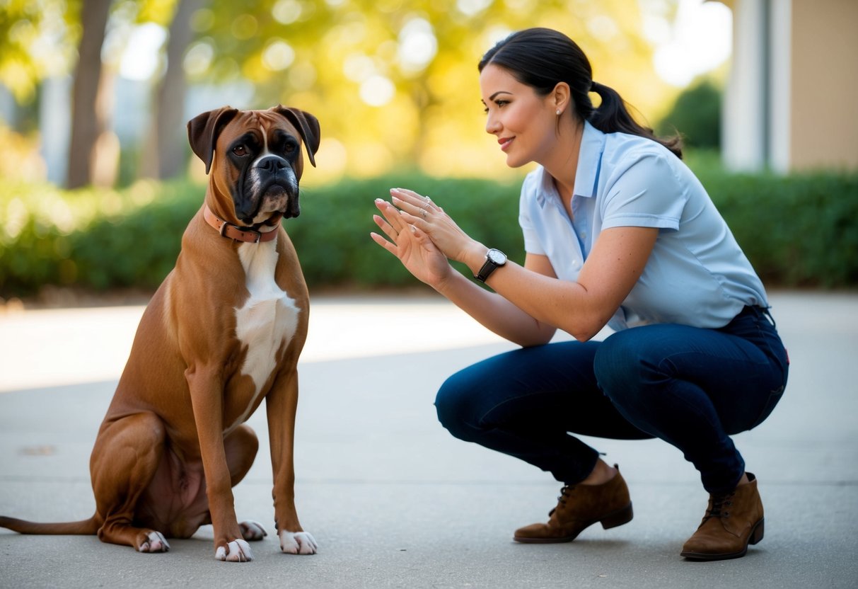 A boxer dog sitting calmly as its owner uses positive reinforcement to discourage jumping