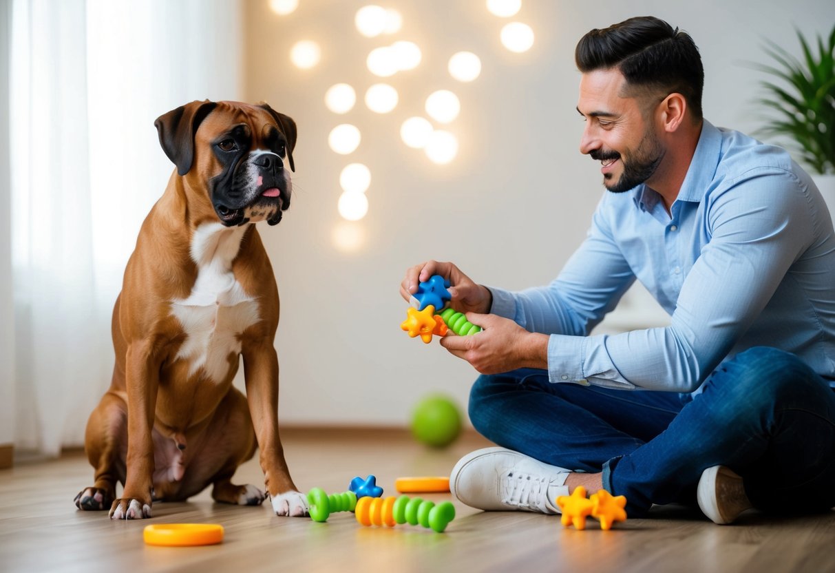 A boxer dog playing with chew toys and receiving positive reinforcement from its owner for not biting