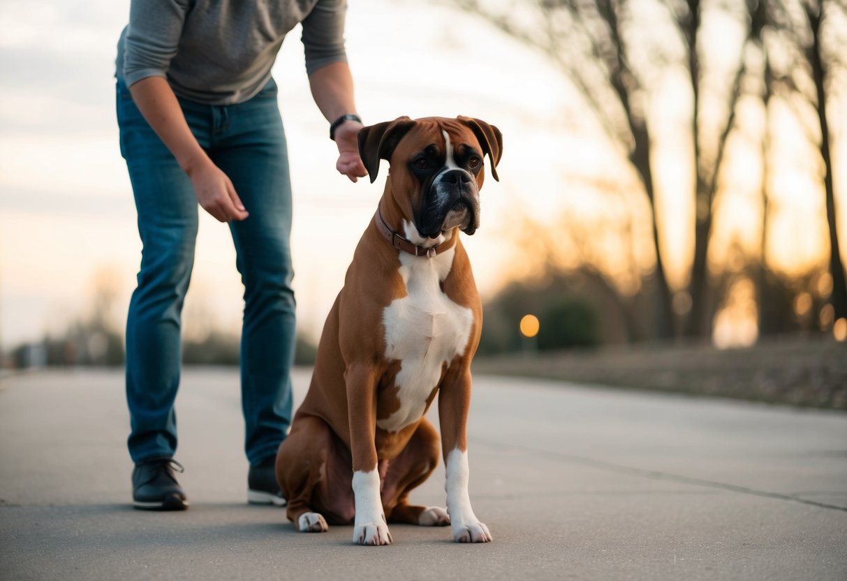 A boxer dog sits calmly with a relaxed posture as its owner gently redirects its attention away from jumping