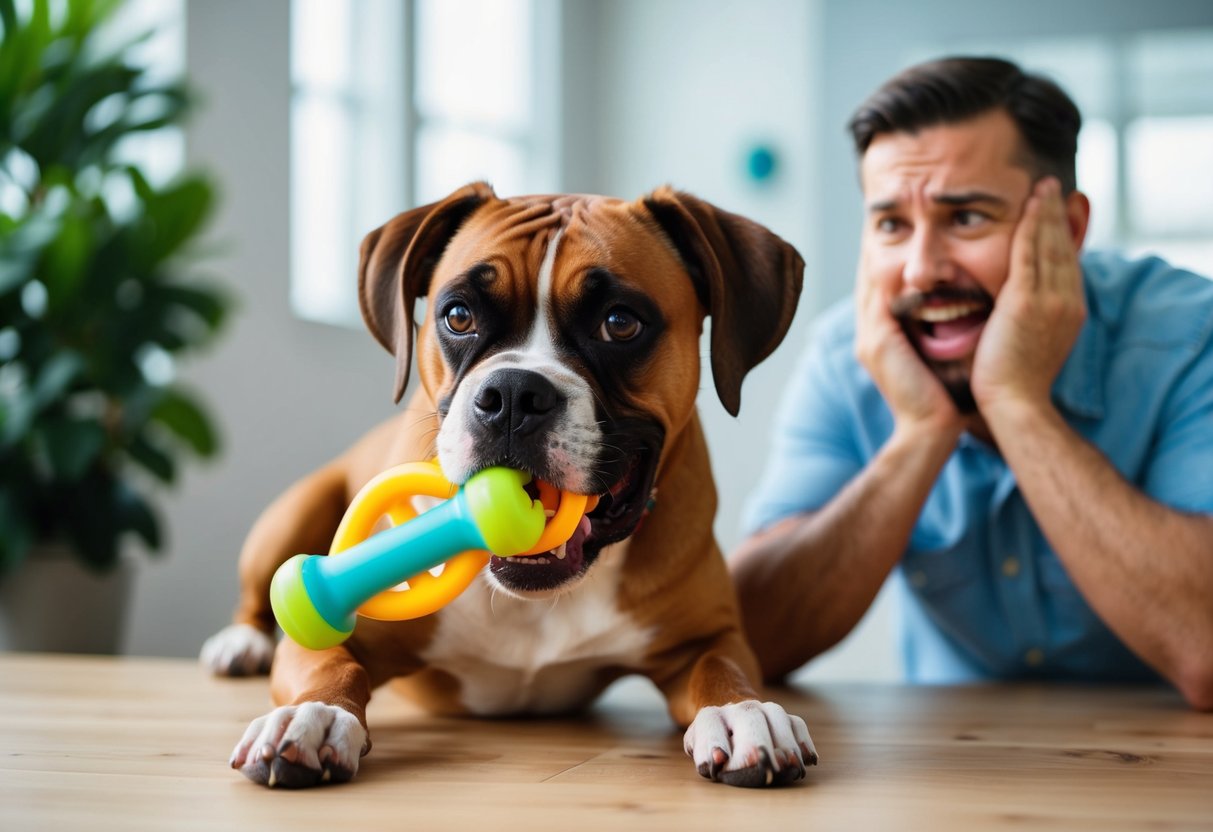 A boxer dog biting a chew toy with a frustrated owner in the background seeking professional resources and support