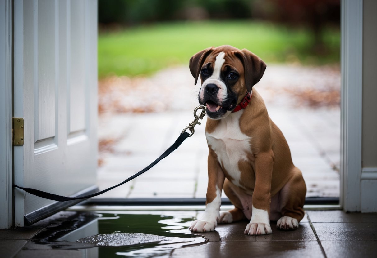 A boxer puppy sits by the door, leash in mouth, with a puddle on the floor nearby