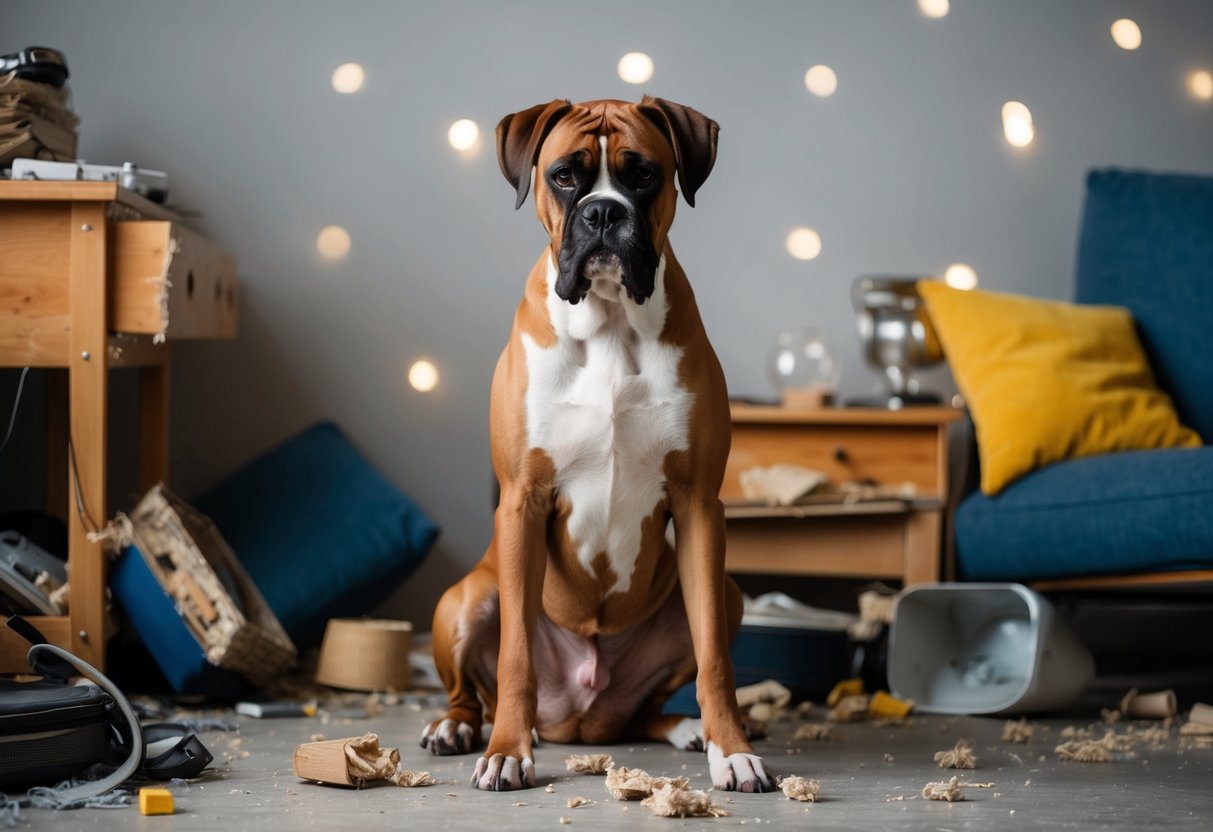 A boxer dog sits with a sad expression, surrounded by torn-up furniture and chewed-up belongings