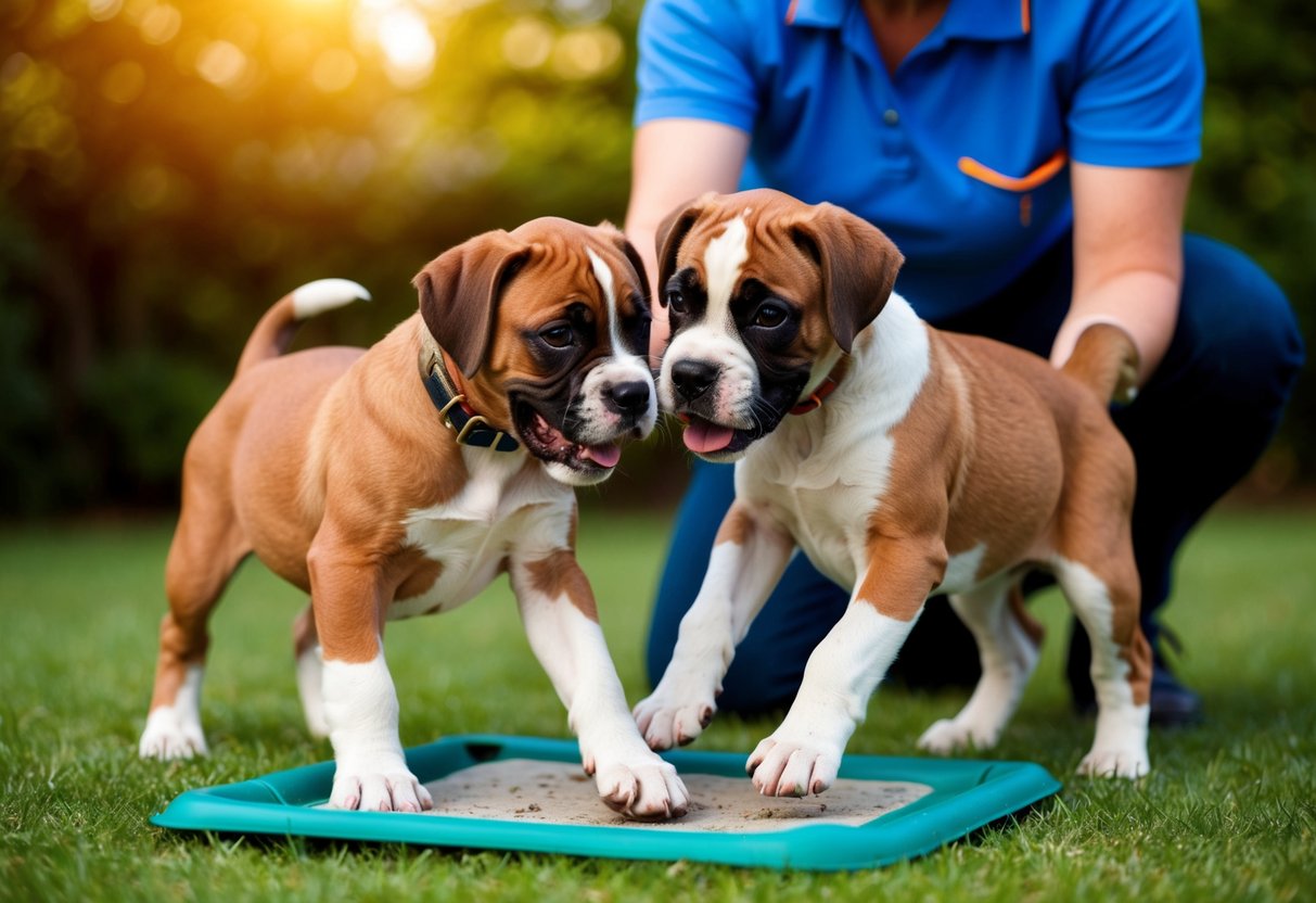 Two boxer puppies playfully tugging at a potty training pad, while a professional dog trainer watches closely