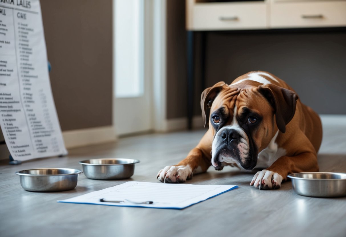 A boxer dog lying on the floor with a sad expression, surrounded by empty food bowls and a list of health issues written on a nearby chart