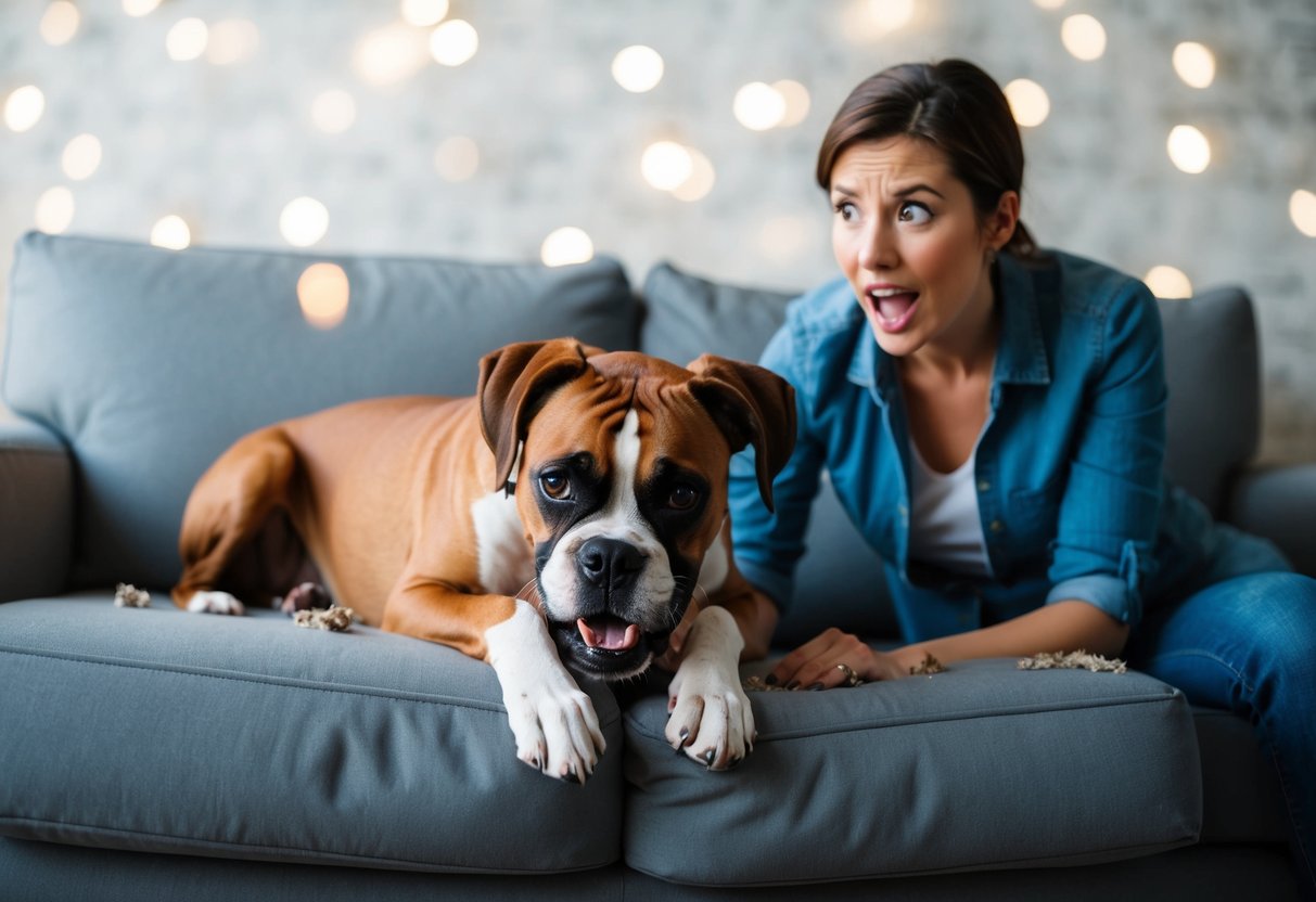 A boxer dog playfully chews on a destroyed couch, while the frustrated owner looks on in dismay