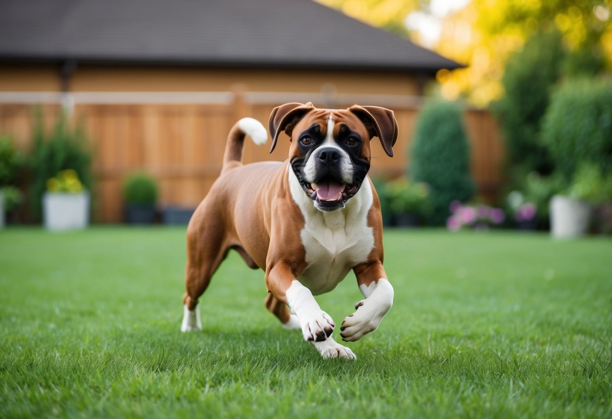 A boxer dog happily playing in a spacious backyard, showing its energetic and playful nature