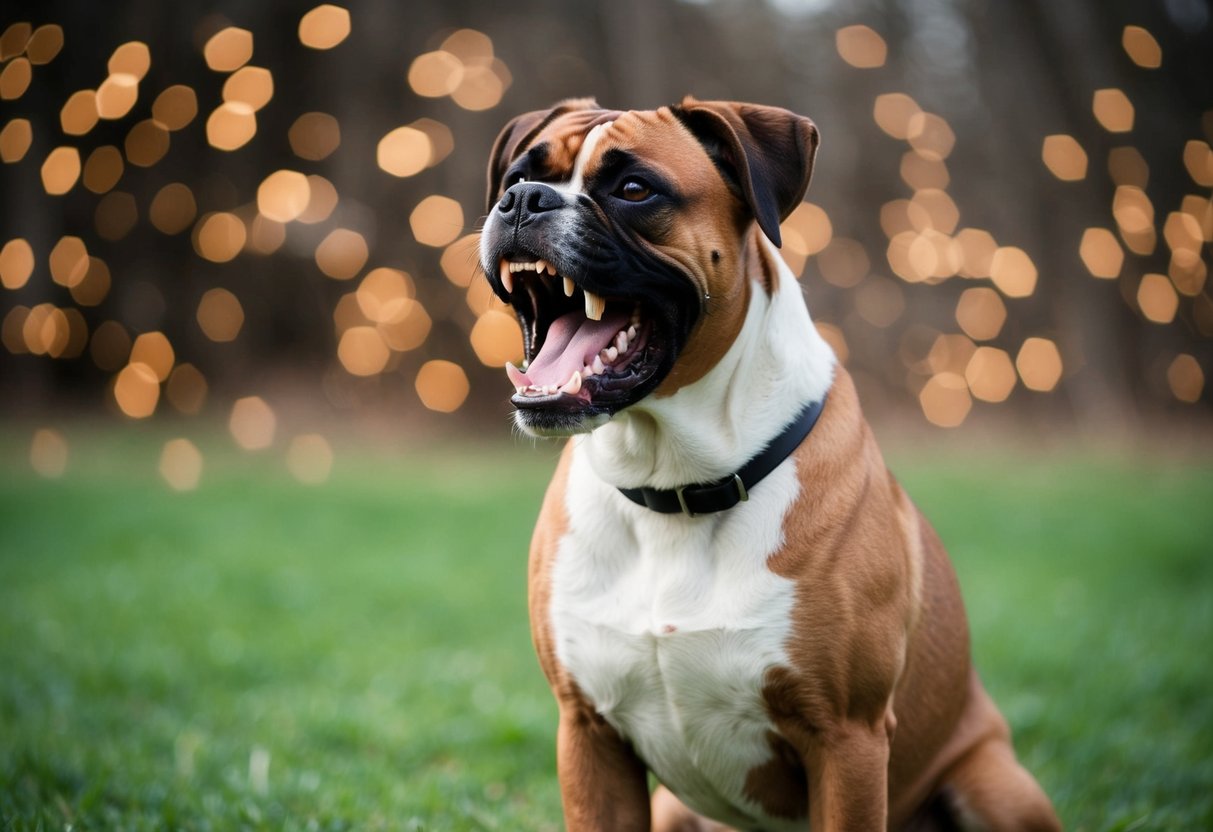 A boxer dog barks fiercely, teeth bared, standing protectively over its territory