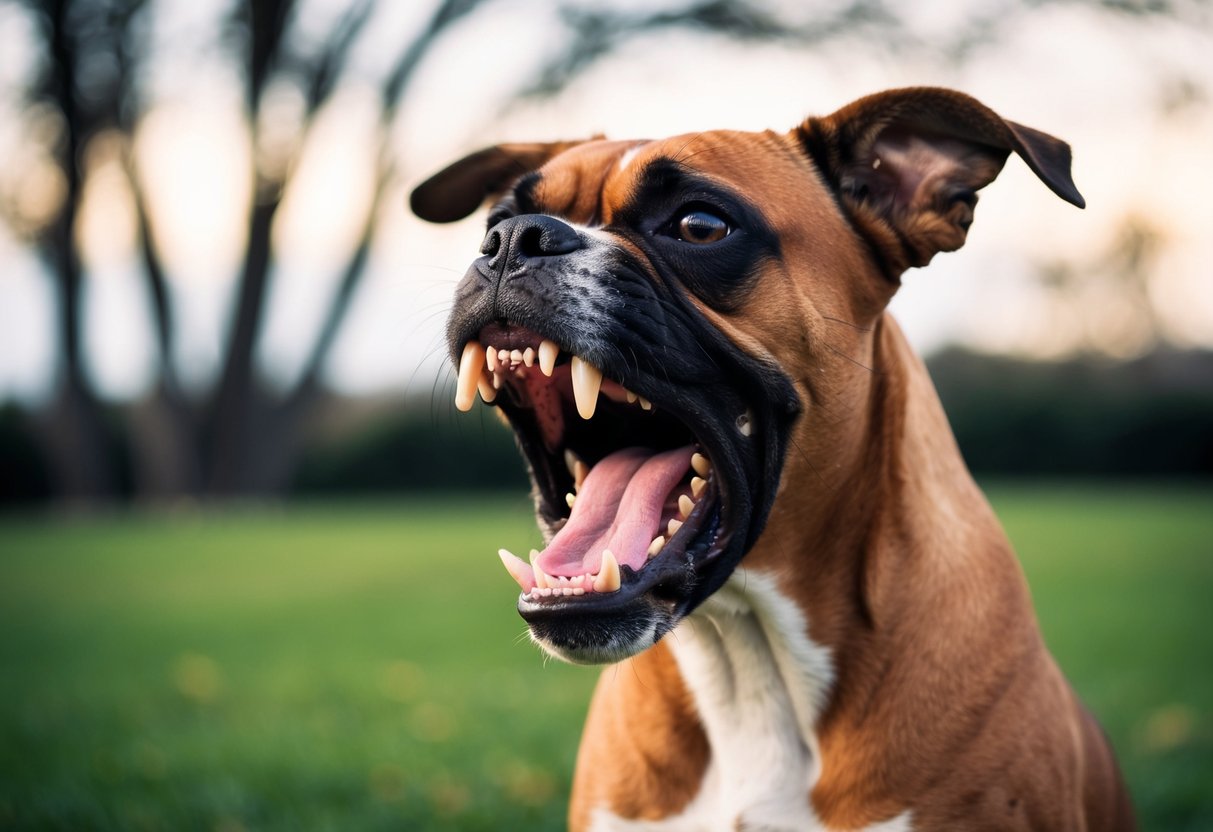 A snarling boxer dog bares its teeth, growling aggressively with ears pinned back and hackles raised