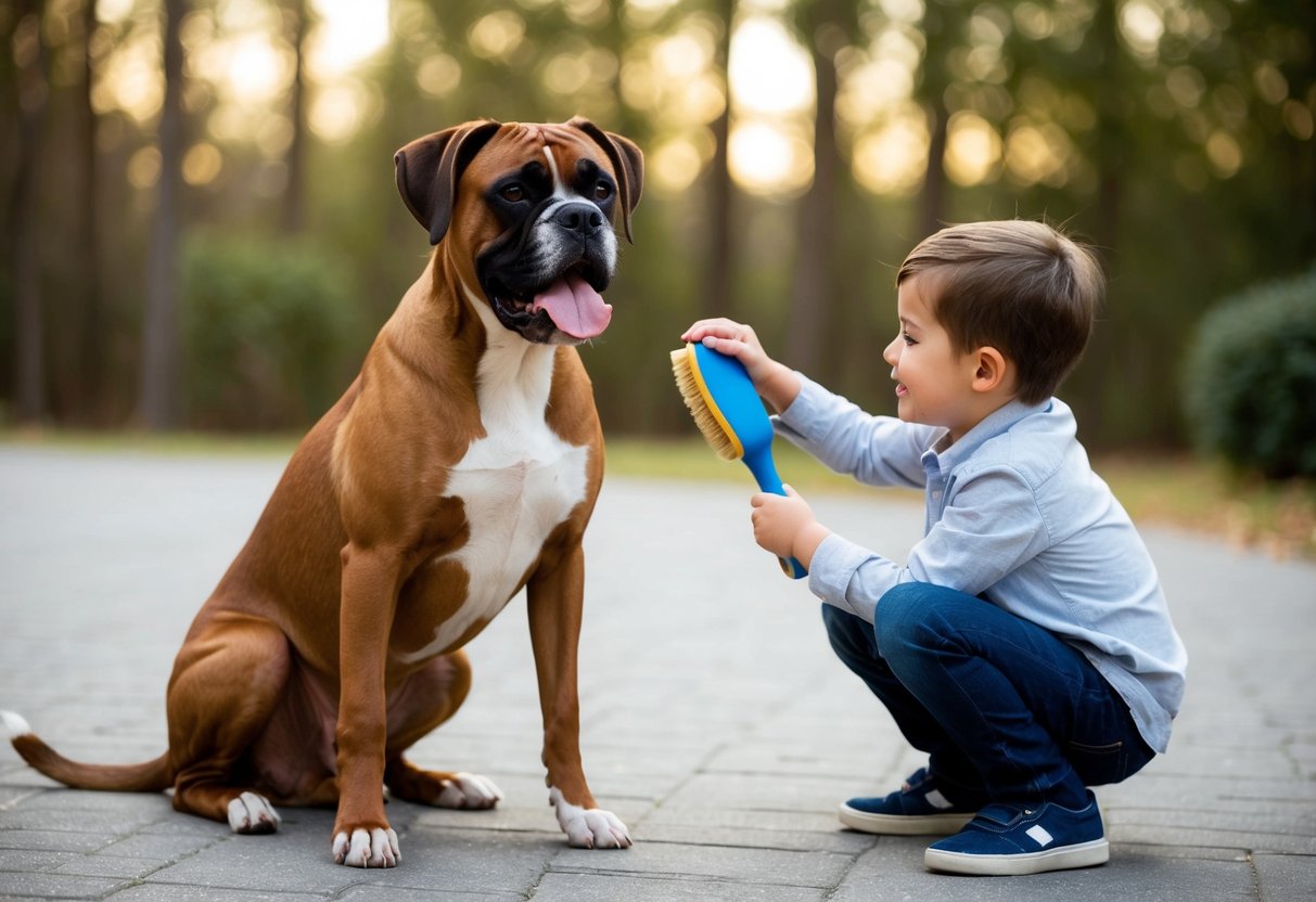 A boxer dog sits calmly, tongue lolling, as a child gently brushes its coat