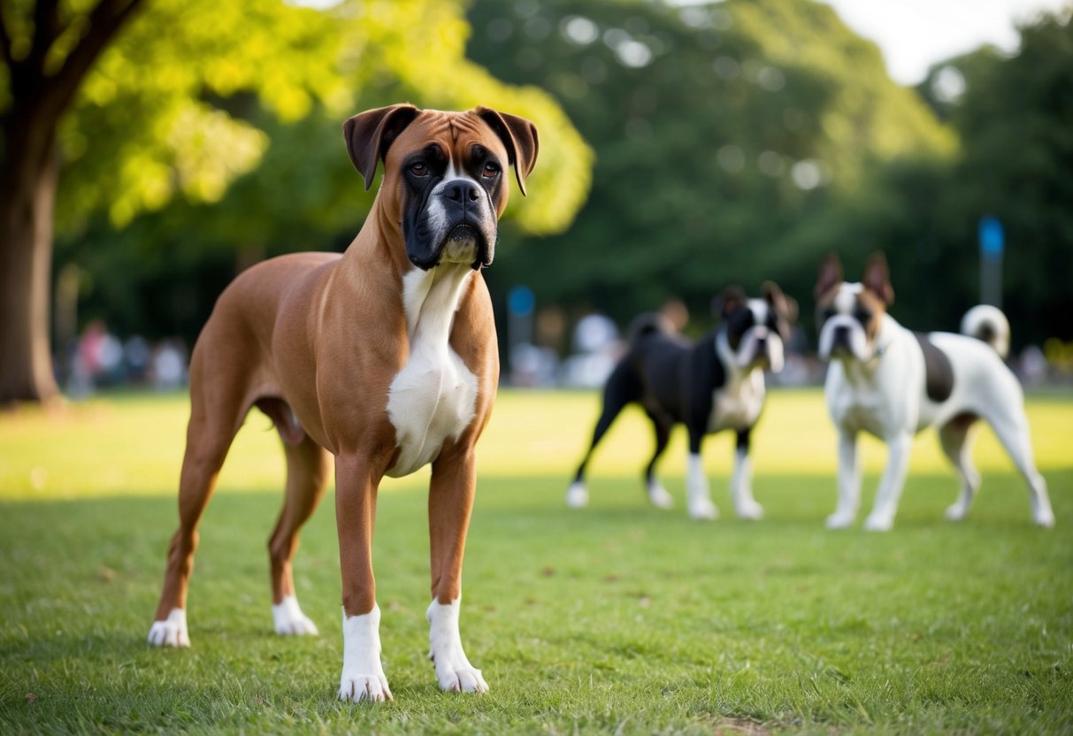 A boxer dog standing confidently, ears perked, and tail wagging in a park setting with other dogs nearby