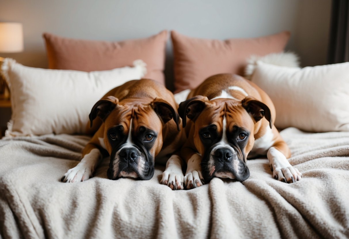 Two boxers lying close together on a soft blanket, surrounded by pillows and a warm, cozy atmosphere