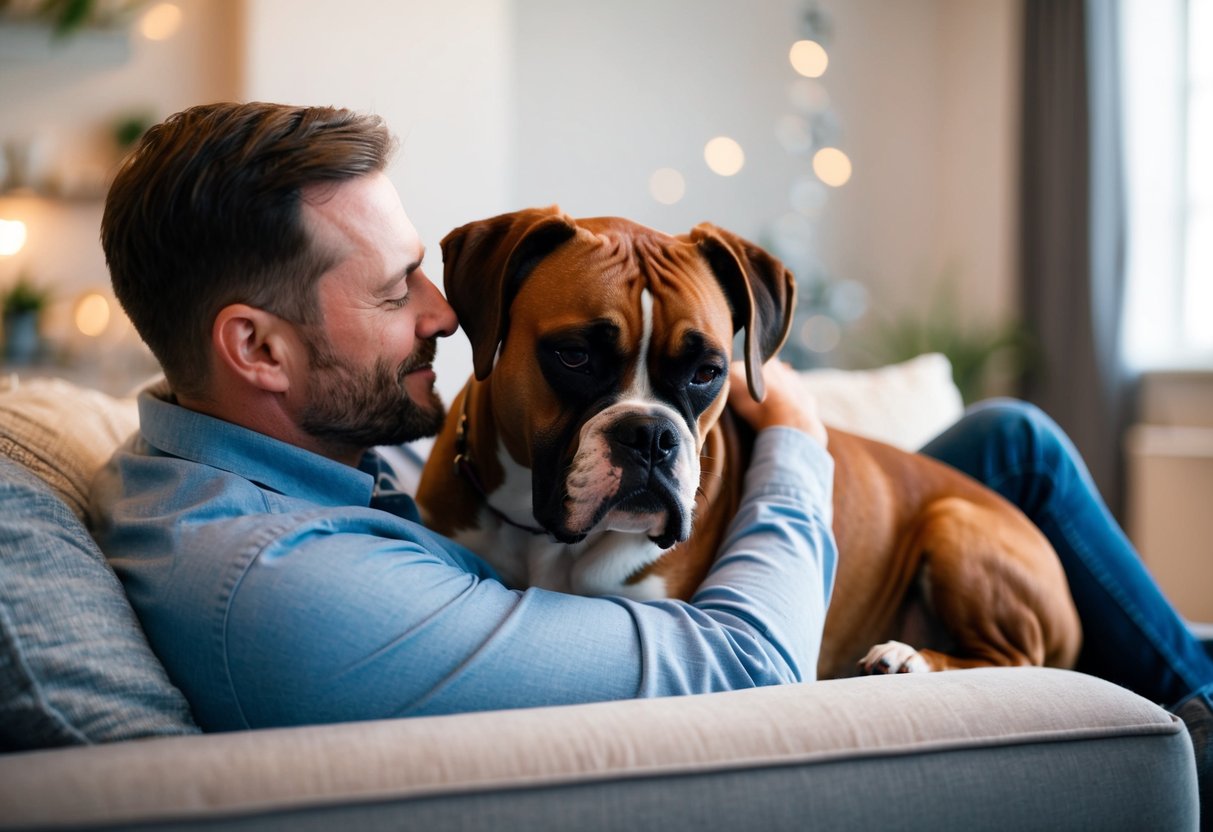 A boxer dog snuggles close to its owner on a cozy couch, nuzzling and wagging its tail affectionately