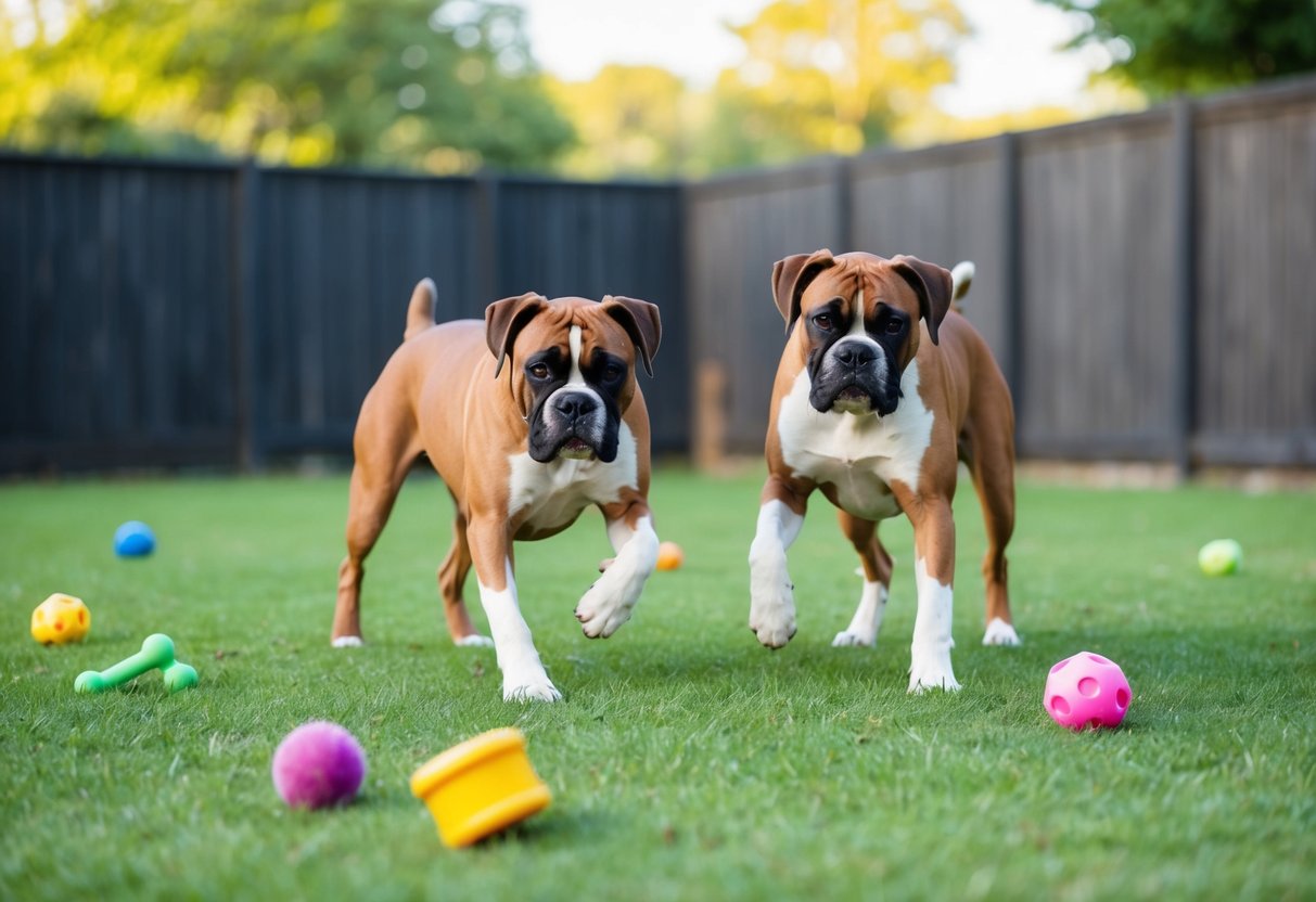 Two boxers playing peacefully in a spacious, fenced-in yard with toys scattered around. A calm and relaxed atmosphere with no signs of aggression
