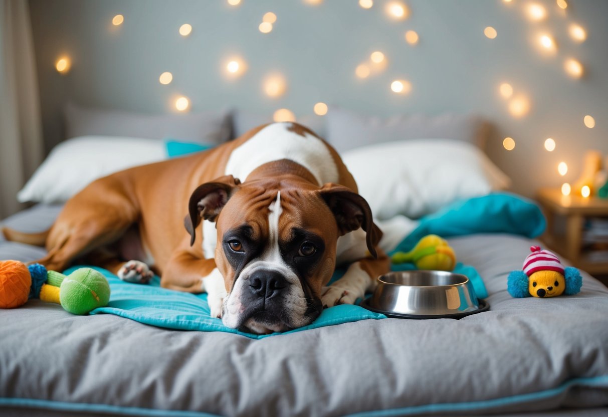 A boxer dog lies on a cozy bed, surrounded by toys and a water bowl, looking tired and under the weather