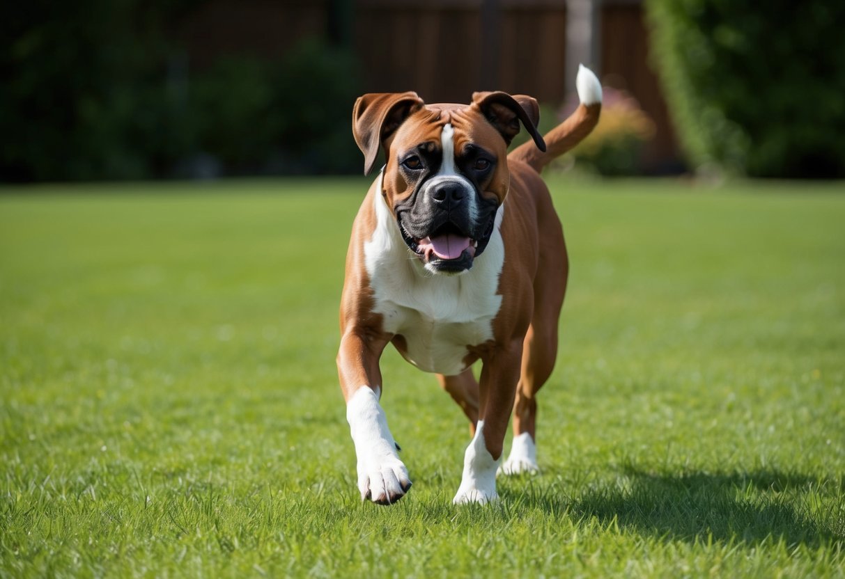 A healthy boxer dog playing in a spacious, grassy yard, with a shiny coat and energetic demeanor, displaying no signs of illness