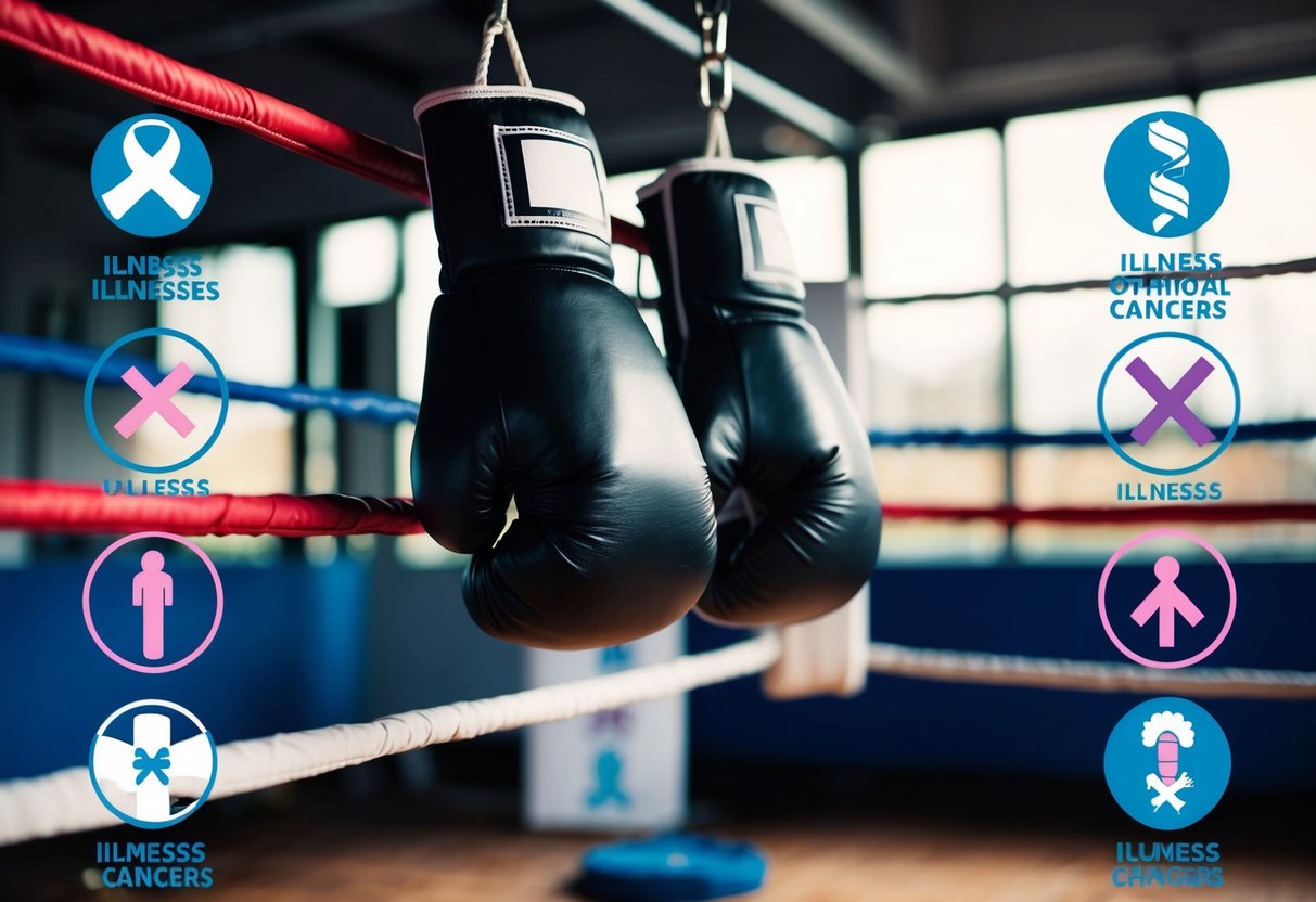 A boxing ring with a pair of gloves hanging on the ropes, surrounded by symbols of various illnesses and cancers