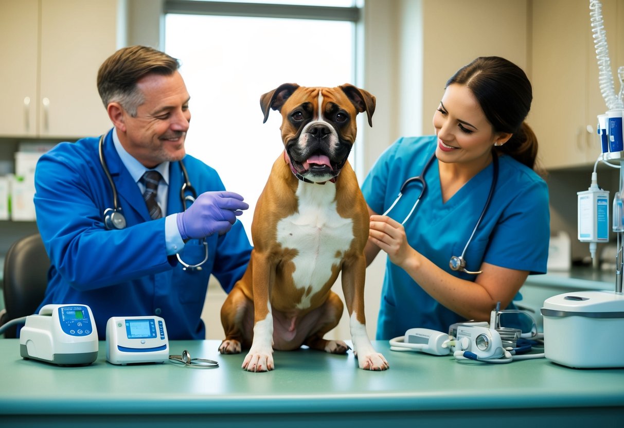 A boxer dog sits happily at the vet's office, surrounded by a caring veterinarian and various medical equipment