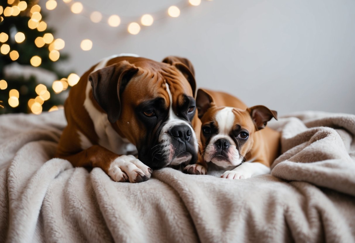 A boxer dog snuggles with a smaller dog on a cozy blanket
