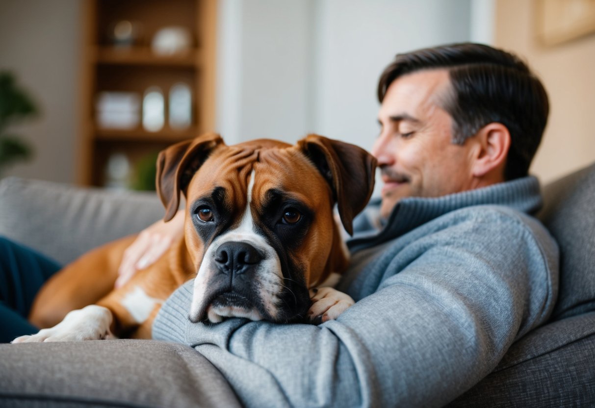 A boxer dog lying on a cozy couch, snuggled up next to its owner, with a content and affectionate expression