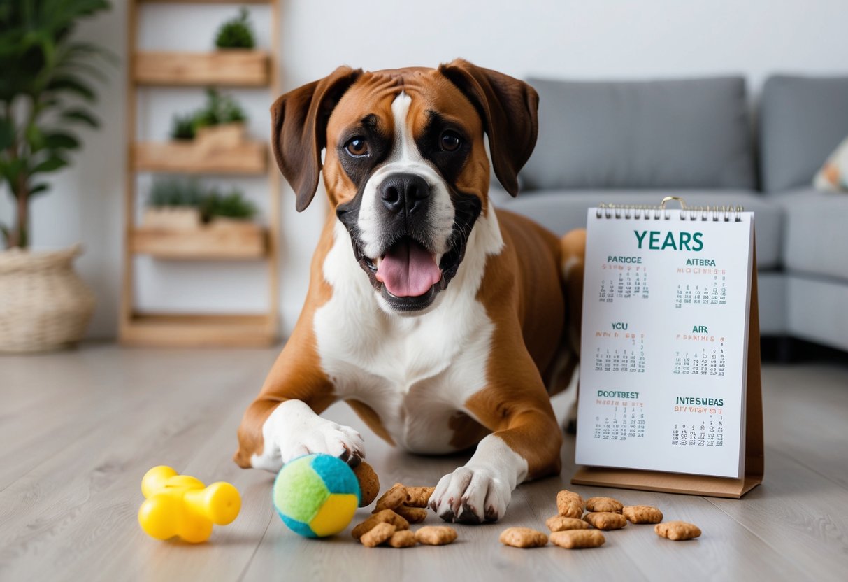 A happy 10-year-old boxer dog playing with a toy, surrounded by dog treats and a calendar showing both dog and human years