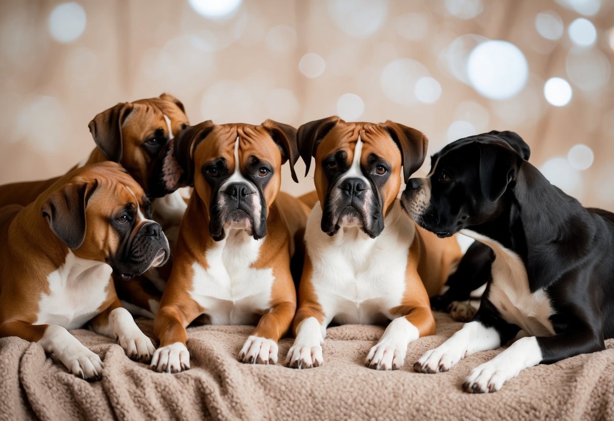 Two boxers lie on a cozy blanket, surrounded by a group of cuddly dogs. The dogs nuzzle up to the boxers, creating a heartwarming scene of connection and affection